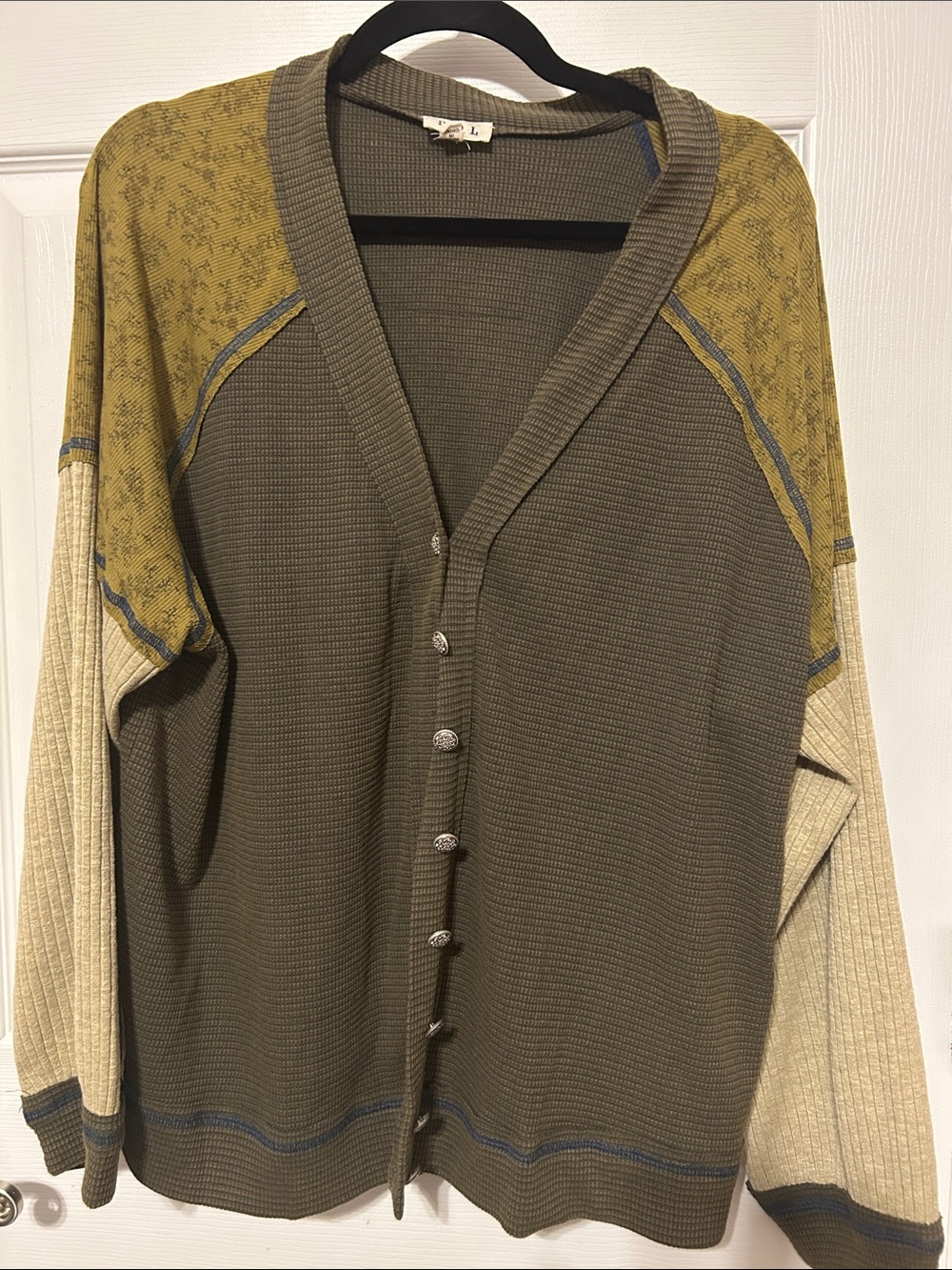 POL Waffle-Knit Button Cardigan in Olive, Mustard & Cream